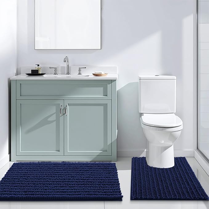 Arotive Luxury Chenille Bathroom Rug Mat, Extra Soft Thick Absorbent Shaggy Bath Rugs, Non-Slip Machine Wash Dry, Plush Bath Mats for Bathroom, Shower and Tub, 40x24, Navy