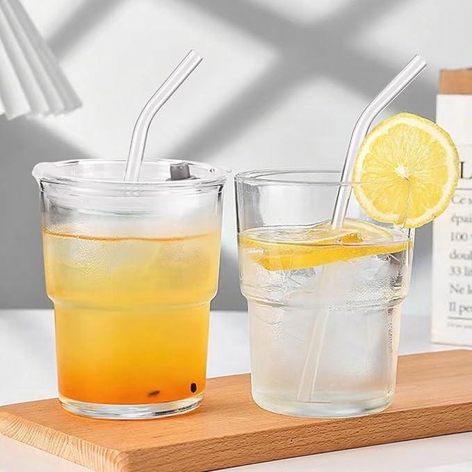 2PCS Glass Cups With Lids And Straws, Iced Coffee Cup,15Oz/450ml Iced Coffee Glasses Tumbler, Thick Wall Glass Mug For Tea Water, Matcha Cup Chirstmas Gifts (Clear, 2PCS)