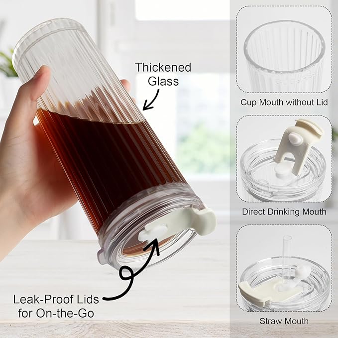 WERTIOO 20 Oz Ribbed Glass Tumblers with Straw and Lid, Glassware Drinking Glasses Set of 4, Leak Proof Ice Coffee Cups Reusable, Thickened Glass, Ideal for Iced Coffee, Smoothies and Juices