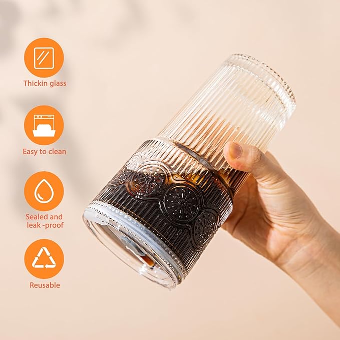 20oz Ribbed & Floral Glass Tumbler Set of 2 – Reusable Glass Cups with Lid and Glass Straw, To-Go Iced Coffee Cups for Water, Smoothie, Milk, Cocktail & More – Perfect for Daily Use & Travel