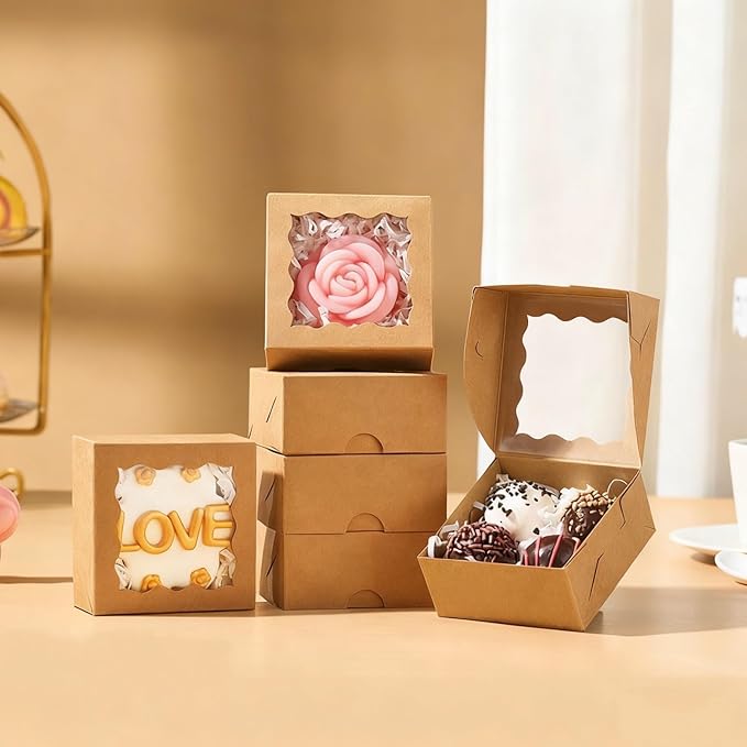 3.2x3.2x1.5 Inches 50PCS Mini Bakery Boxes with Window for Cookies, Soap, Chocolate Truffle, Donut, Macaron(Brown)