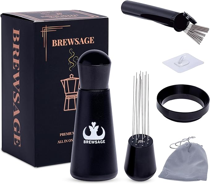 Espresso Accessories Kit – WDT Distribution Tool & 58mm Espresso Dosing Funnel for Baristas – 0.35mm Needle Stirrer with Extra Replaceable Needles, Handle & Storage Pouch