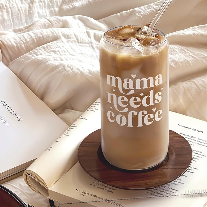 SANDJEST Mom Glass Can, Mama Needs Coffee Cup with Lid & Straw, Iced Coffee Aesthetic Cups, Idea Gifts for Christmas Birthday Mother Day, Gifts for Women, 16oz