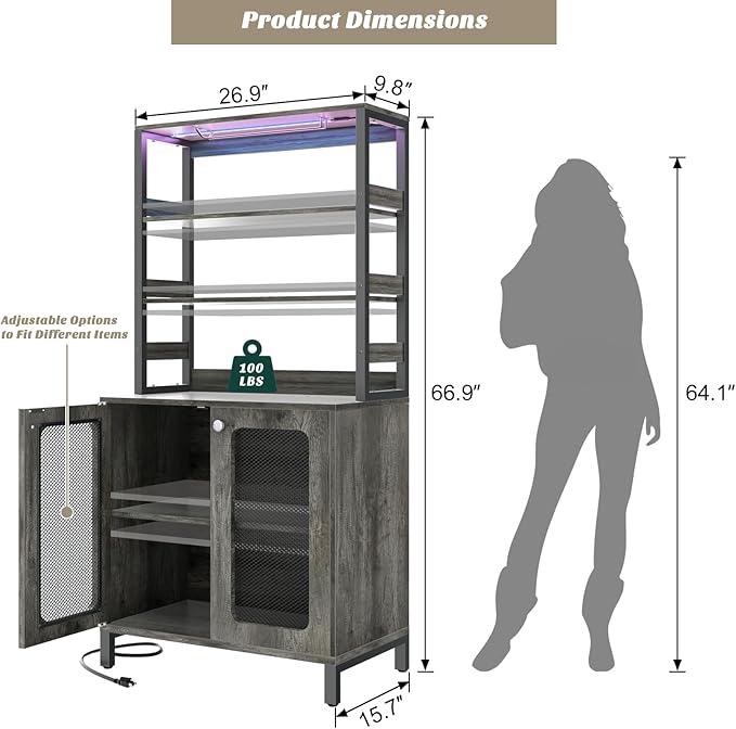Aheaplus Bar Cabinet with Power Outlets, 67" Tall Wine Bar Cabinet Liquor Cabinet with LED Lights and Glass Holder, Coffee Bar Station for Living Room, Microwave Stand Bakers Rack Cabinet, Black Oak