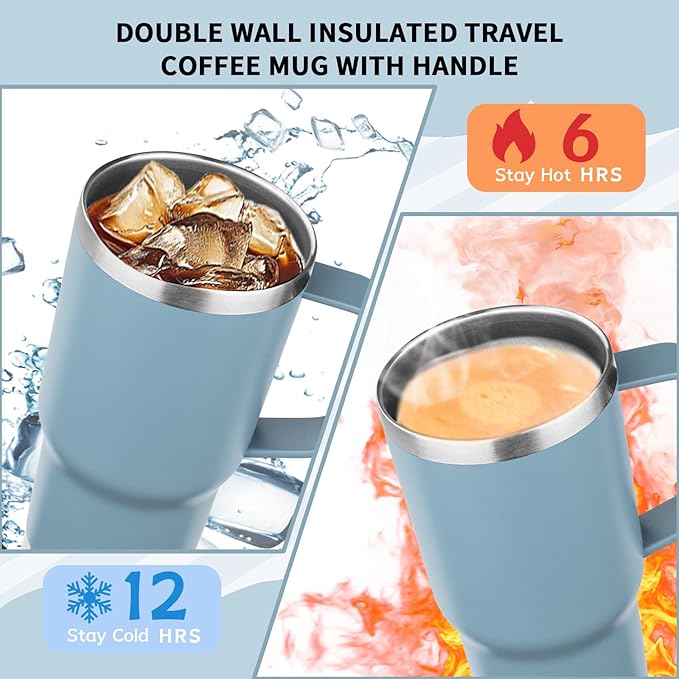 20oz Insulated Tumbler with Handle Stainless Steel Travel Coffee Mug with Lid and Straw Double Wall Vacuum Leak-proof Reusable Thermal Water Cup for Hot and Cold Drinks (Glacier blue,1 Pack)