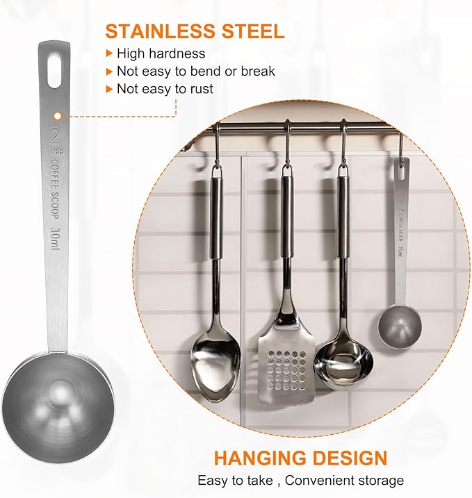 HARFINGTON 3pcs Coffee Scoop Spoon 2tbsp (6tsp, 30ml) 304 Stainless Steel Long Handle Teaspoon/Tablespoon Measuring Spoons Scoops for Tea Sugar Kitchen, Silver