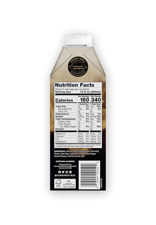 Elmhurst 1925 Toasted Almond Vanilla Latte – Plant-Based, Vegan, Dairy-Free Plant Milk Latte Made of Cold Brew Premium Arabica with 95mg Caffeine & Madagascar Vanilla – 25.4oz (Pack of 6)