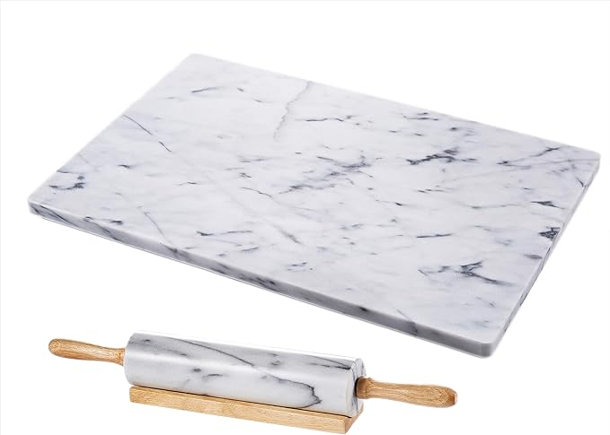 JEmarble Pastry Board 16x20 inch Set with Rolling Pin/Wooden Handles 18 inch(White) Non-Slip Rubber Feets for Stability Perfect for Keep the Dough Cool and Chocolate Tempering(Premium Quality)