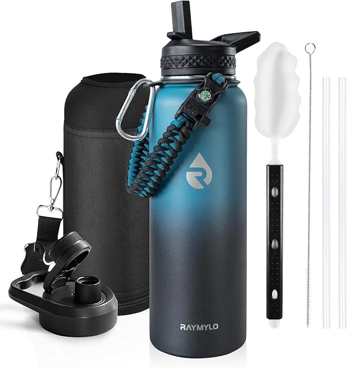 Insulated Water Bottle 40 oz, Triple Wall Vacuum Stainless Steel (Cold for 48 Hrs), Leak Proof & Non-BPA, Modern Water Flask Jug with Paracord Handle & Straw Spout Lids, Indigo/Black