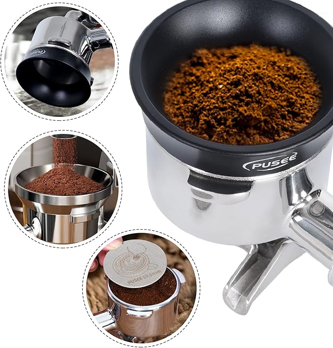54mm Espresso Dosing Funnel & 53.5mm Puck Screen,PUSEE Coffee Dosing Ring Aluminum Metal,Reusable 1.7mm Thickness 150μm Espresso Puck Screen 316 Stainless Steel Fits 54mm Portafilter