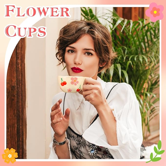 Ceramic Coffee Mug Vintage Flower Mugs 8 oz Cute Floral Coffee Mugs Irregular Latte Art Cup Lead-free Porcelain Cups for Cappuccino, Cocoa (Pink Cherry)