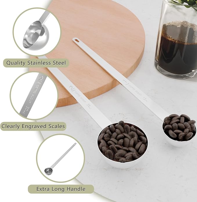 2PCS 1 Tablespoon Coffee Scoop, 9" Long Handle Measuring Spoon, One tbsp (15 ml) Stainless Steel Scooper