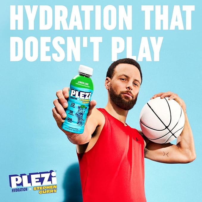 PLEZi Lemon Lime Hydration Drink x Stephen Curry - Sports Drinks with 2X Electrolytes - 500mg Potassium, Low Sugar, No Added Sugar - For Kids & Adults - 16.9 Fl Oz (12 Pack)