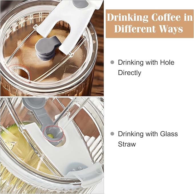 18oz Ribbed Glass Tumbler with Lid and Straw Set of 2: Leak-Proof Drinking Glasses to Go, Reusable Iced Coffee Cups for Cold Drinks, Juice, Smoothie, Glass Cups with Stylish Ribbed Design