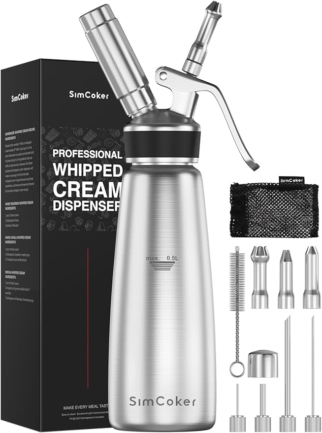 Whipped Cream Dispenser Stainless Steel,Cream Whipper with 4 Injector Tips and 3 Decorating Nozzles,Dishwasher Safe,Chargers NOT Included