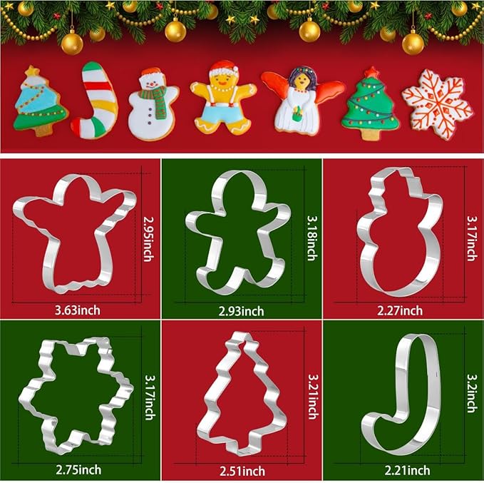 Christmas Cookie Cutter Set - 6 Pieces Christmas Cookie Cutter Shapes, Stainless Steel Cookie Cutters - Gingerbread Man, Snowflake, Christmas Tree, Angel, Snow Man,Candy Cane for Holiday