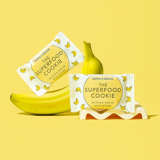 Love + Chew Superfood Soft Baked MINI Cookies, Banana Bread Flavor, Plant Based Cookie Made With Almonds, Chia Seeds, & Bananas for Kids and Adults, Vegan Snacks, Gluten Free, Paleo, Non GMO, 18 Pack