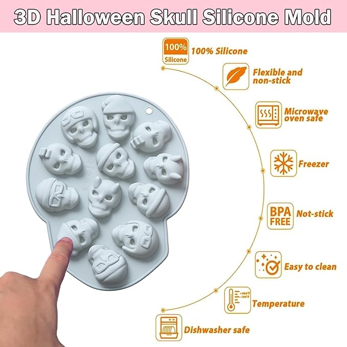 Halloween Chocolate Mold Silicone,12 Cavity Candy Gummy Mold with Pumpkin Wizard Hat Bat Spider Tombstone for Baking Chocolate Jelly Gummy Dessert 2pcs