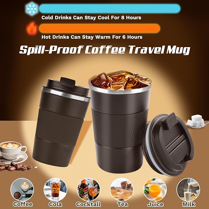 Vacuum-Insulated Stainless Steel Travel Coffee Mug, Leak-Proof Reusable Coffee Cup with Lid - Keep Hot & Cold Drinks for Hours, Durable Thermos Tumbler for Men & Women (3rd-Dark Coffee, 12OZ)