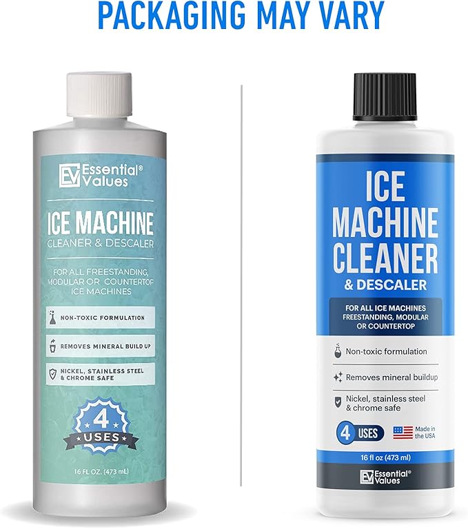 Essential Values Ice Machine Cleaner and Descaler 16 fl oz - Nickel Safe Countertop Ice Maker Cleaner - Compatible with Major Brands (Scotsman, KitchenAid, Affresh, etc.) - 6 pack