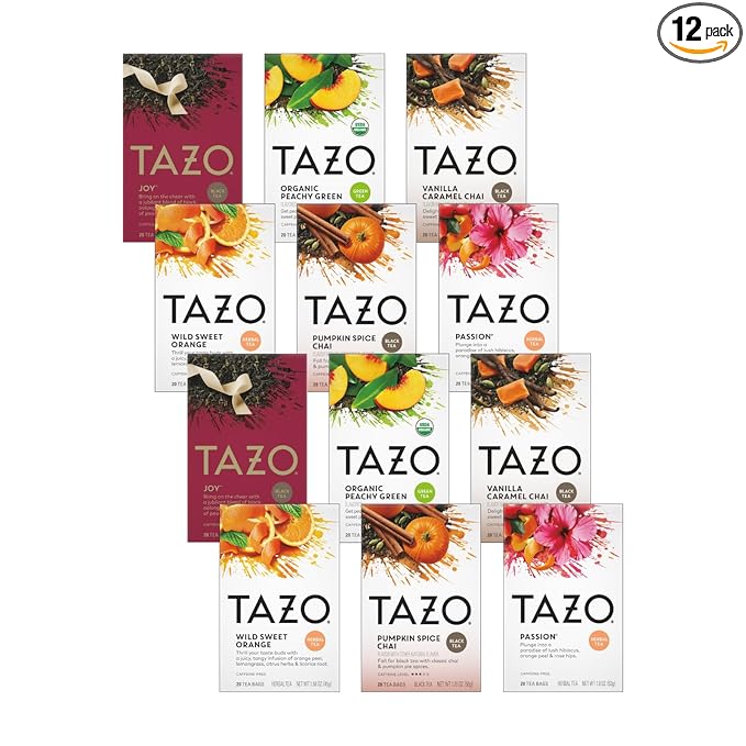 TAZO Tea Bags, (JOY, Passion, Pumpkin Chai, Vanilla Caramel Chai, Wild Sweet Orange, Peachy Green) (2ea) Variety Pack