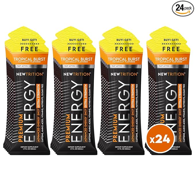 NewTrition® Extra Strength Energy Shots, 250mg Caffeine Energy Shots with Vitamin B & Amino Acids, Sugar-Free Vitamin Energy Shot, 1.7 fl oz (Pack of 24, Tropical Burst)