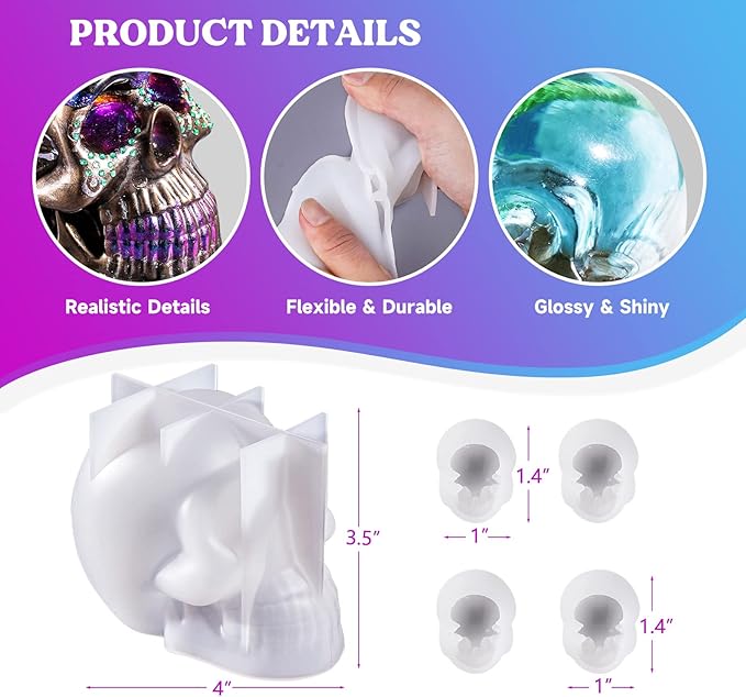 LET'S RESIN Resin Molds Silicone, 1 Pc Large Silicone Skull Epoxy Molds with 4 Pcs Small Skeleton Epoxy Resin Molds for Resin Casting Art Crafts, Candle Making, Home Decor, Pendants, Keychains