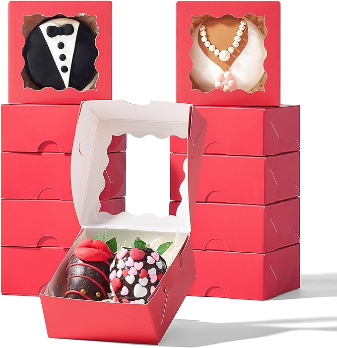 3.2x3.2x1.5 Inches 50PCS Mini Bakery Boxes with Window for Cookies, Soap, Chocolate Truffle, Donut, Macaron(Red)