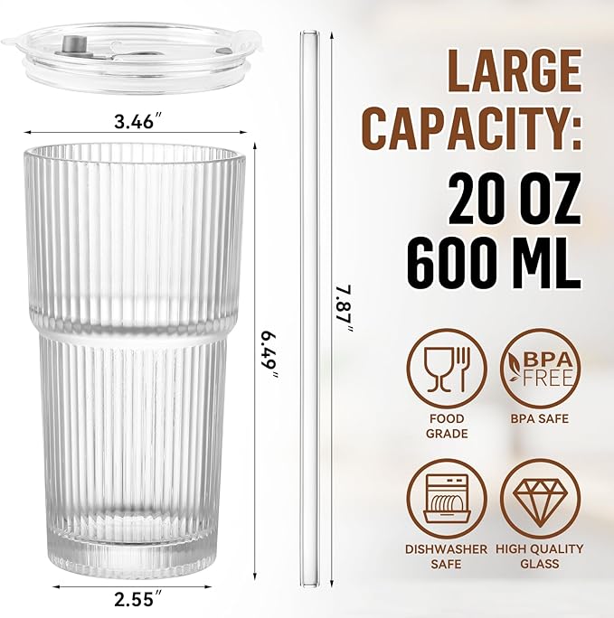 20 Oz Glass Cups with Lid and Straw 2 Set, Glass Tumbler with Straw and Lid, Vintage Glassware for Whiskey Cocktail Beer, Iced Coffee Cups with Lid (2 PACK)
