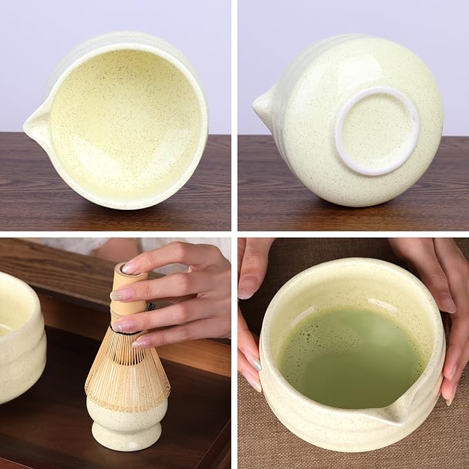 Japanese Ceramic Matcha Bowl - 16oz Speckle Glaze Chawan & Whisk Stand for Perfect Froth, Dishwasher Safe Yellow