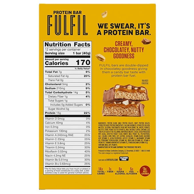 FULFIL Chocolate Peanut Butter Flavored Protein Bar Made with REESE's Peanut Butter, Gluten Free with 15g Protein, Pantry Staples, 12 Count