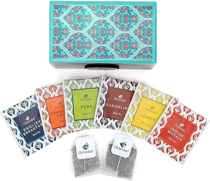 Octavius Assorted Tea Gift Set | 6 Assorted Black & Green Teas | 30 Teabags | Wooden Tea Sampler Pack w/Ornate Floral Design | Pack of 2 | Mothers Day Tea Gift Box