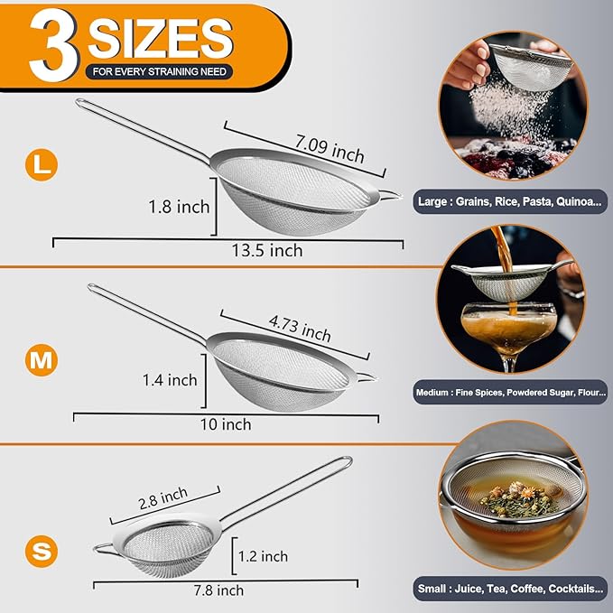 Anaeat Fine Mesh Strainers - Premium Stainless Steel Colander Sieve Sifters, with Durable Mesh and Sturdy Handle, Excellent for Sifting Dry ingredients, Flour, Pastas, Rice, Tea (2.8"+4.73"+7.09")