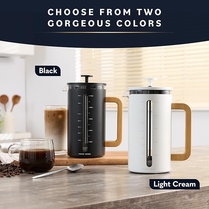 Home Hero French Press Coffee Maker - 34 oz Coffee Press with Bamboo Wood Handle, Heat Resistant Thick Borosilicate Glass French Presses, 4 Layer Filter, French Press Stainless Steel (Light Cream)