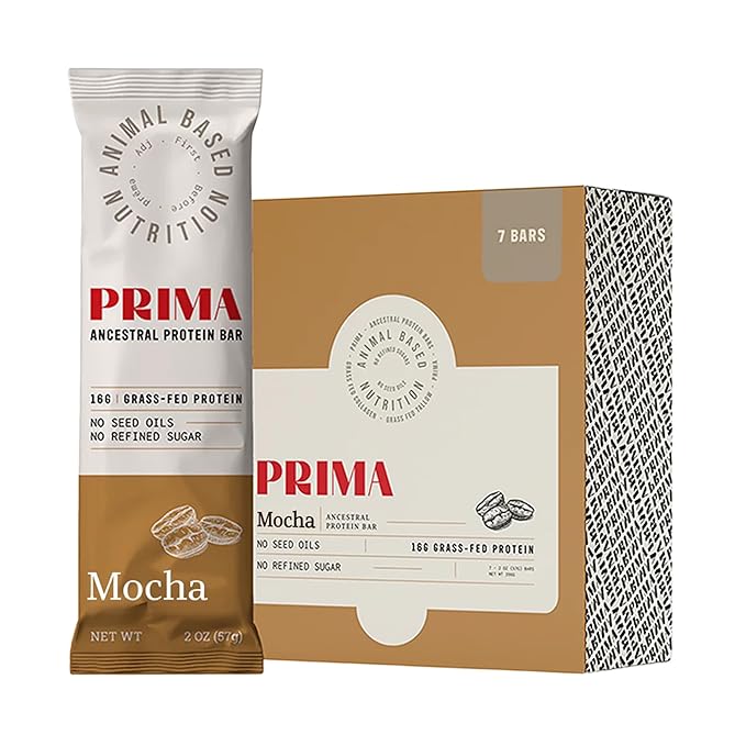 PRIMA ANCESTRAL PROTEIN BAR Grass Fed Protein Bars, 7 Pack – Animal-Based Protein Bar with Beef Tallow, Raw Honey, Seed Oil Free, Low Carb, Gluten-Free – Healthy, Energy Snacks for Clean Lifestyle (7 Pack, Mocha)