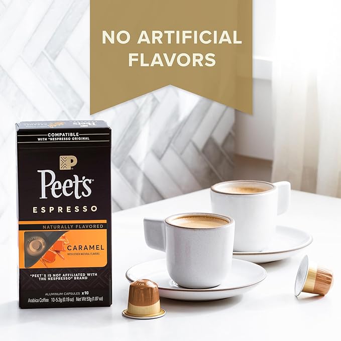 Peet's Coffee, Medium Roast Espresso Capsules, Compatible with Nespresso Original Machine - Caramel, 50 Count (5 Boxes of 10 Espresso Capsules)