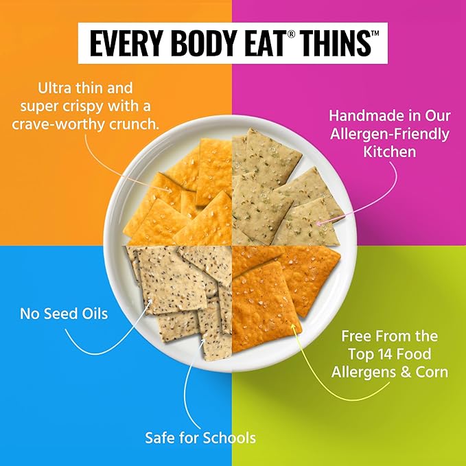Every Body Eat Snack Thins, Gluten & Dairy Free, Vegan, School Safe Lunch Snacks, Variety Pack (20 Single Serve Bags, 1.1oz)