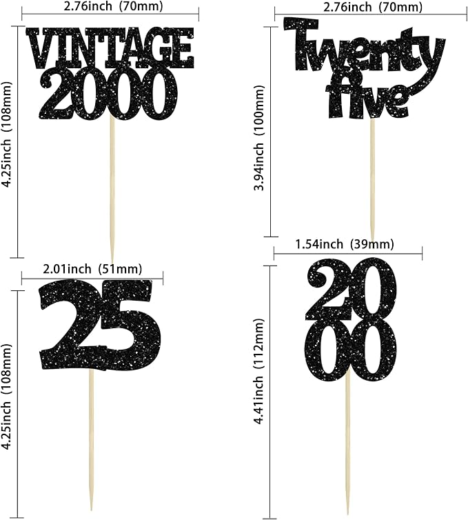 Gyufise 24Pcs 25th Birthday Cupcake Toppers Glitter Twenty-five Vintage 2000 Cheers to 25 Cupcake Picks Hello 25 Years Birthday Cake Decoration for Happy 25th Birthday Anniversary Party Supplies Black