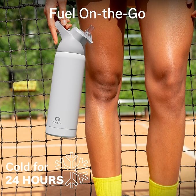 Insulated Water Bottle with Straw - Encool Stainless Steel Water Bottle, Reusable Leakproof and BPA-Free for Sports, Travel, Cold for 24 Hours, 32 oz, Snowflake