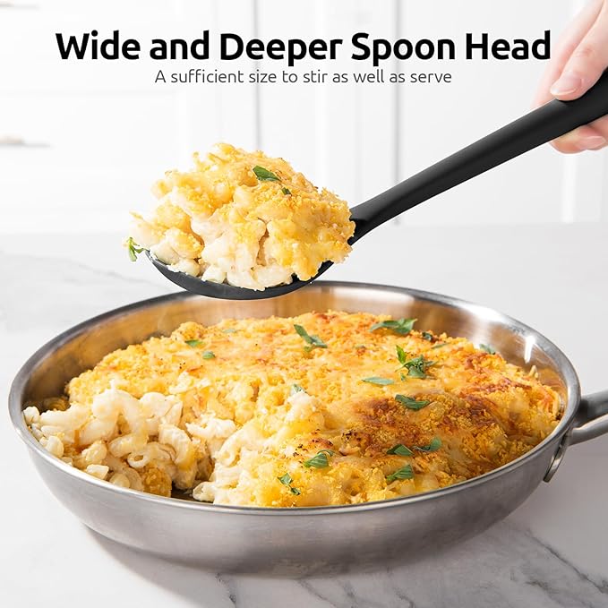 600ºF Heat Resistant Silicone Spoons: U-Taste 13.3in Solid & Slotted Kitchen Cooking Spoon, Nonstick Long Rubber Utensil, Sturdy for Mixing, Serving, Stirring, Frying, Draining (Black, 2PCS)