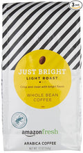 Amazon Fresh Just Bright Whole Bean Coffee, Light Roast, 12 Ounce (Pack of 3)