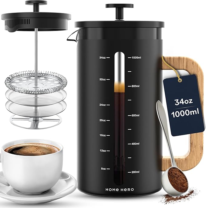 Home Hero French Press Coffee Maker - 34 oz Coffee Press with Bamboo Wood Handle, Heat Resistant Thick Borosilicate Glass French Presses, 4 Layer Filter, French Press Stainless Steel (Black)