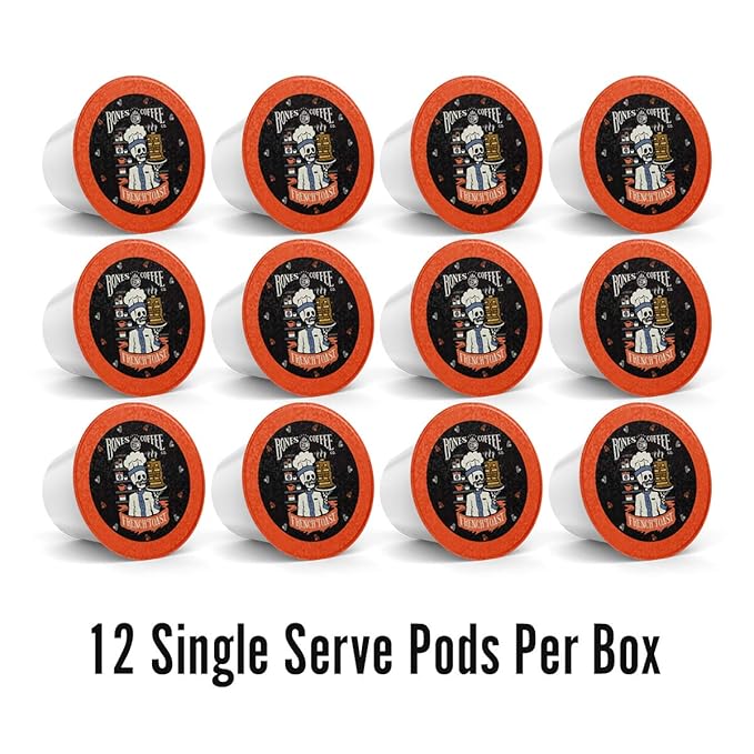 Bones Coffee Company Flavored Coffee Bones Cups French Toast | 12ct Single-Serve Coffee Pods Compatible With 1.0 & 2.0 Keurig Coffee Maker | Sweet Buttery Flavor Aroma