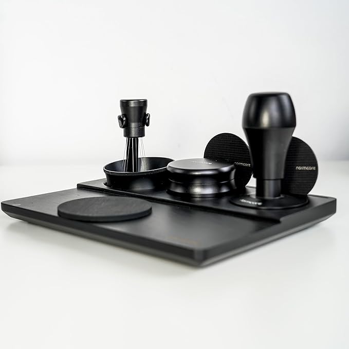 Normcore Tamping Station - Black Oak Wood Espresso Tamping Mat - Wooden Tamping Mat for 51/54/58mm Portafilter, Tamper, Distributor, Puck Screen and Portafilter - Natural Black Stained Oak Wood