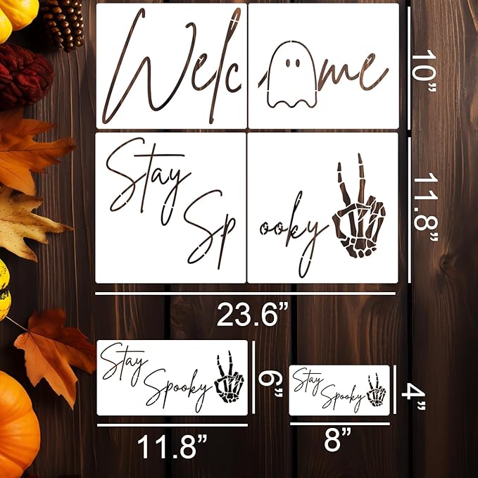 Halloween Stencils for Door Mats Welcome Ghost Stencil Reusable Stay Spooky Halloween Stencils for Painting on Wood Sign Doormats Fabrics DIY Crafts Decor