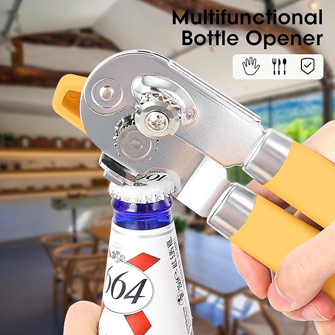 Beneno Can Opener Manual with Magnet, Hand Held Heavy Duty Can Opener with Durable Sharp Blade Smooth Edge, Big Effort-Saving Knob, Soft Grip Rubber Handle, Multifunctional Bottle Opener, Yellow