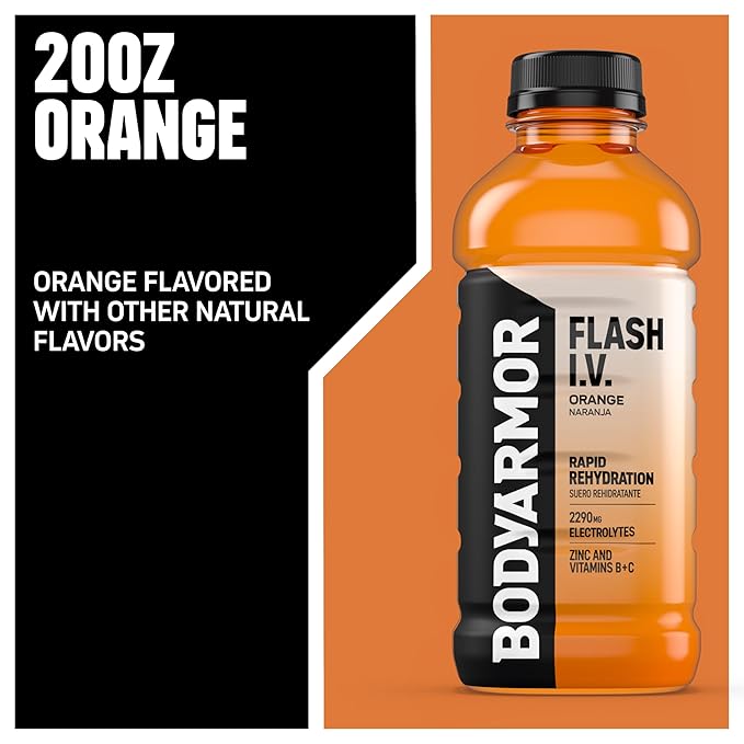 BODYARMOR Flash I.V. Electrolyte Beverage, Orange, Hydration Drink with Coconut Water For Rapid Rehydration, Post Workout Recovery, 20 Fl Oz (Pack of 12)