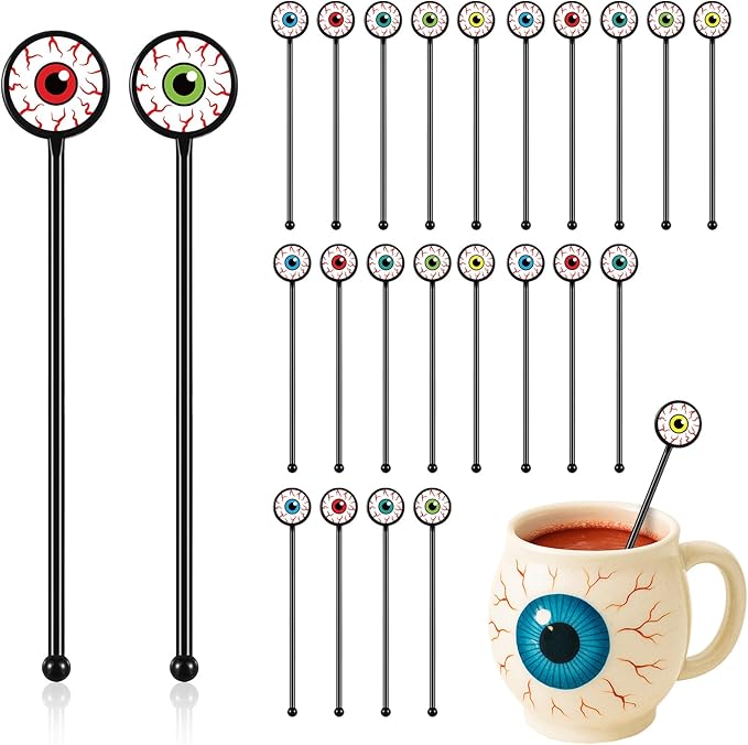 30 Pcs Halloween Swizzle Sticks Plastic Coffee and Cocktail Stirrers Fall Thanksgiving Drink Stirrers Cocktail Mixers for Halloween Fall Autumn Party Tea Coffee Bar Decoration(Horror Eyeball)