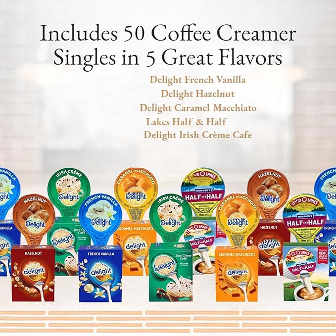 Coffee Creamer Singles Variety Pack – 50 Count – 5 Flavors: Half & Half, Hazelnut, French Vanilla, Caramel, Irish Creme – Non-Refrigerated Mini Creamers for Home, Office, Coffee Bar, Gifts