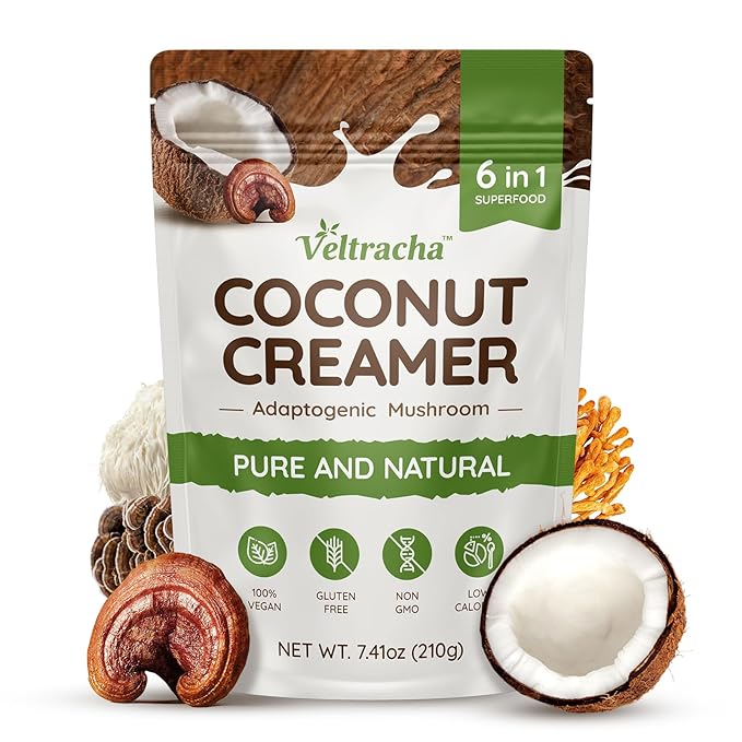 Veltracha Mushroom Coffee Creamer, Superfood Coconut Creamer Powder with 6 Adaptogenic Mushrooms - Reishi, Turkey Tail, Lions Mane, Non-Dairy Coconut Powdered Creamer for Energy & Focus & Digestion, 30 Servings
